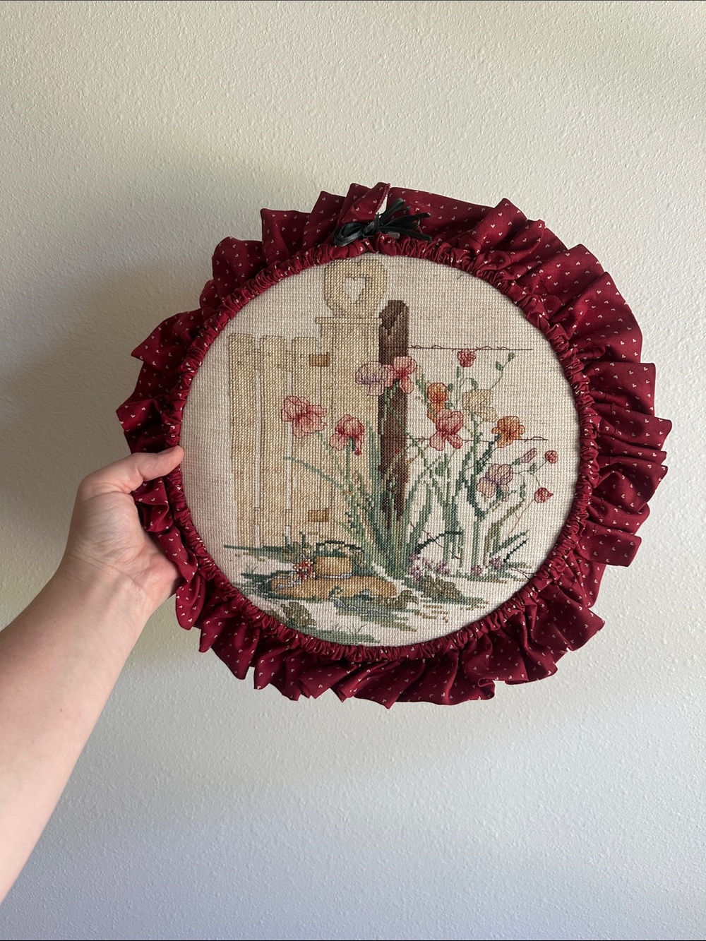 Handmade Floral Cross Stitch Hoop with Burgundy Ruffle